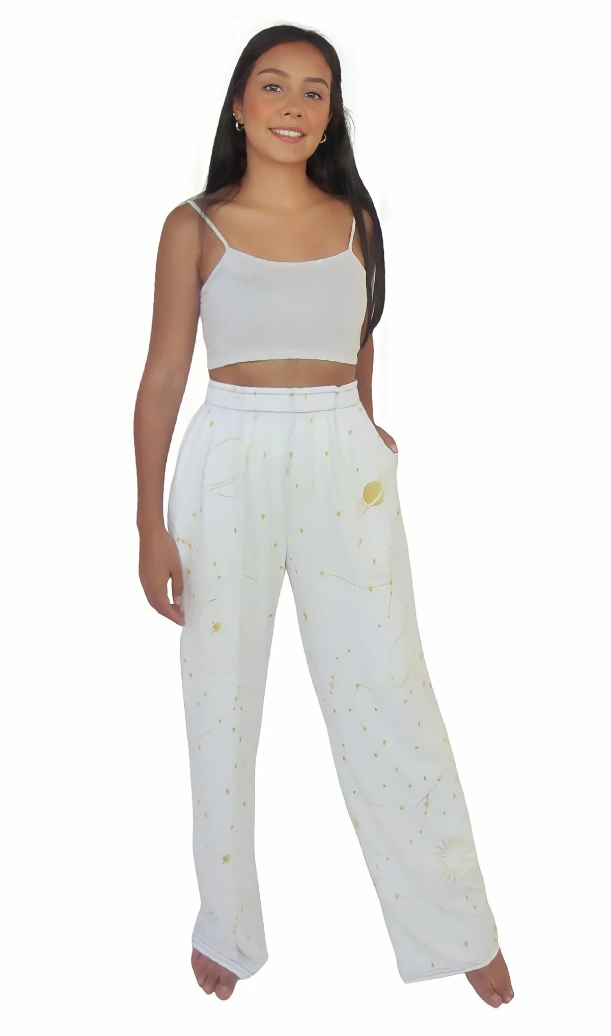 Astral design in white and gold unisex wide-leg pants