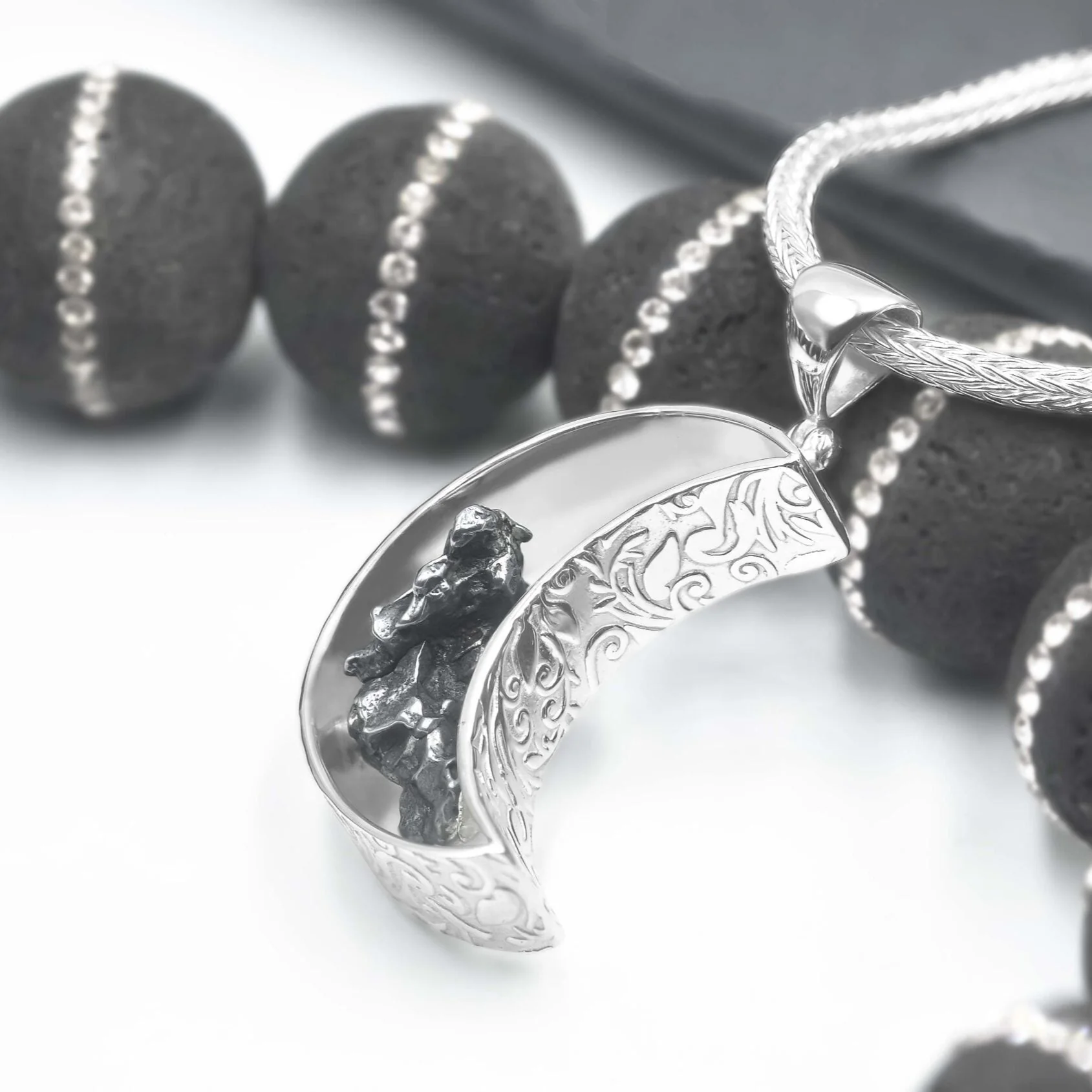 Campo del Cielo Meteorite Crescent Moon Pendant in Sterling Silver - Image 2