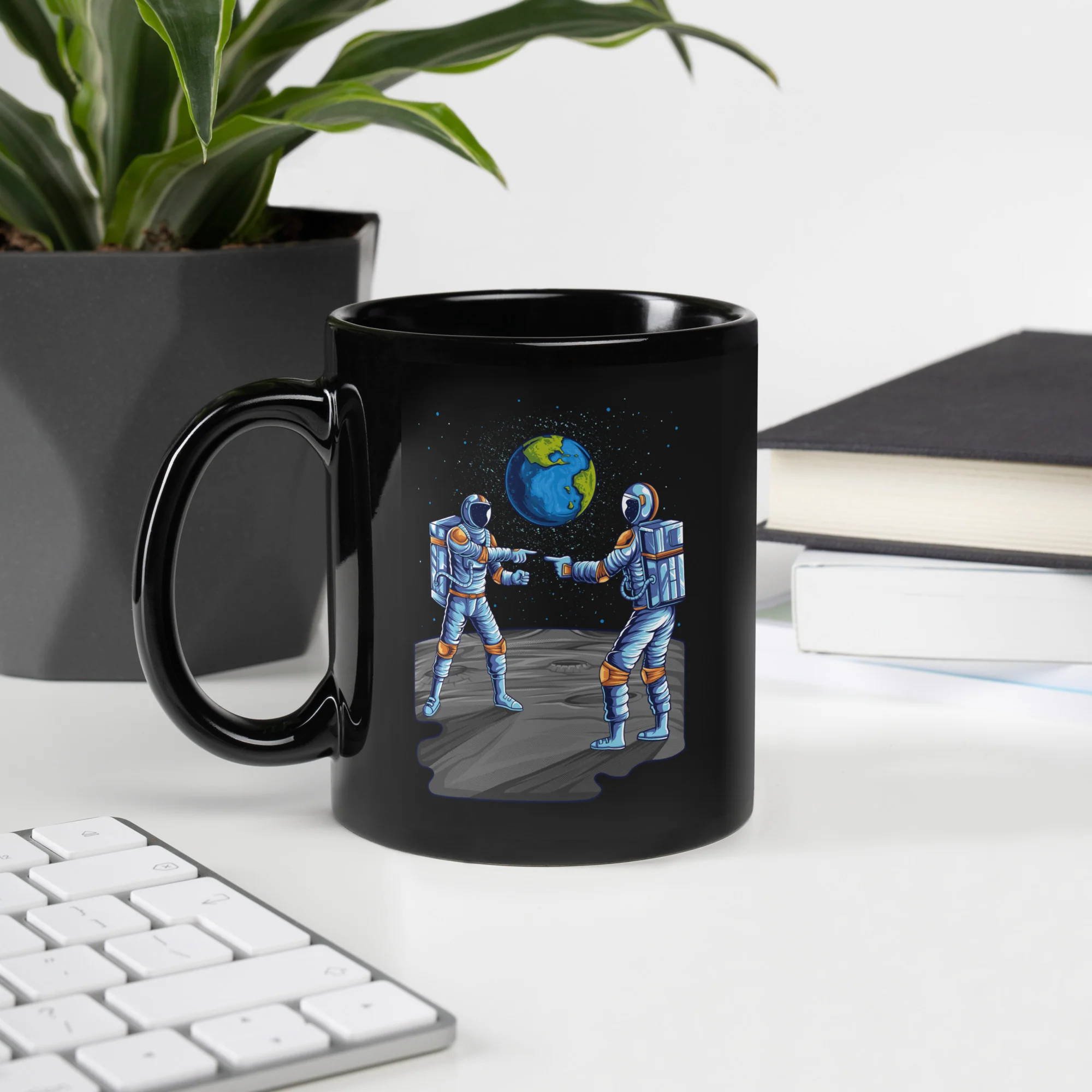 The Lunar Encounter. Double Identity Astronaut Meeting. Black Glossy Mug in 11 or 15oz