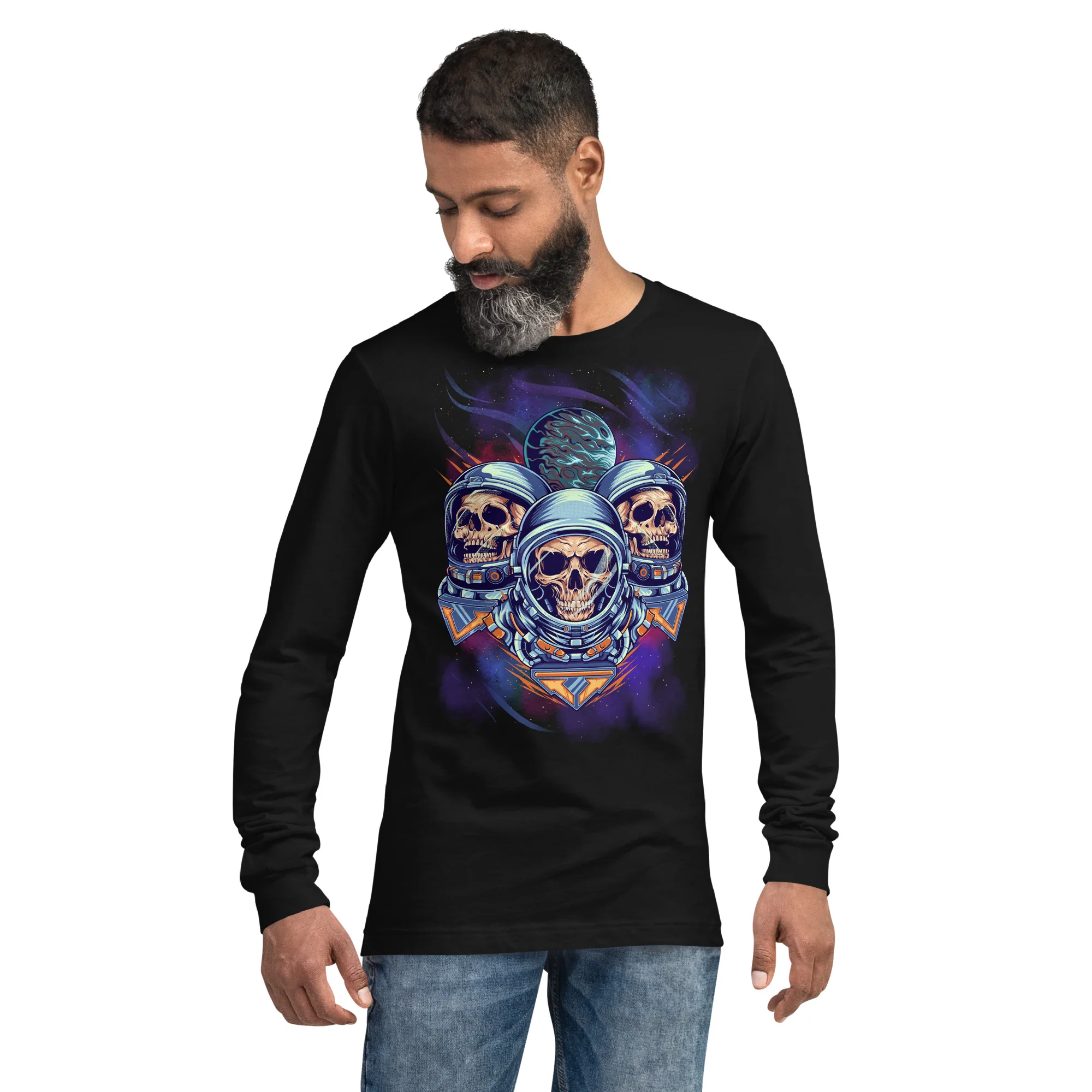 Three Alien Skull Art in Space Long Sleeve Tee